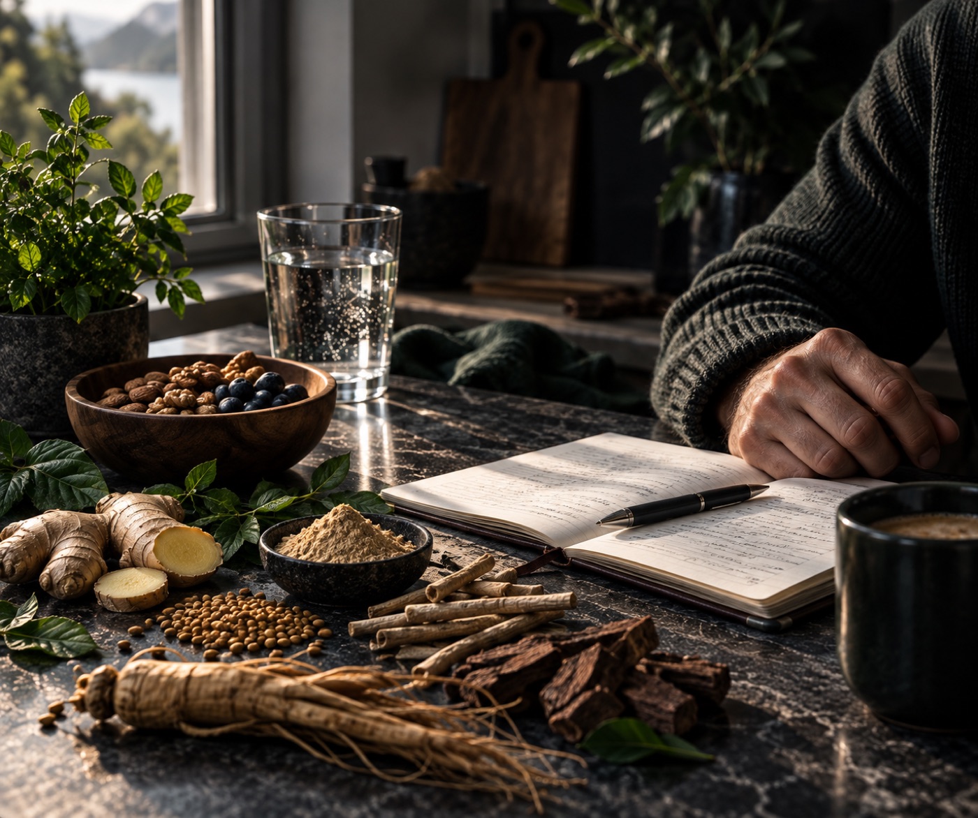 Naturliga ingredienser och en anteckningsbok på ett köksbord